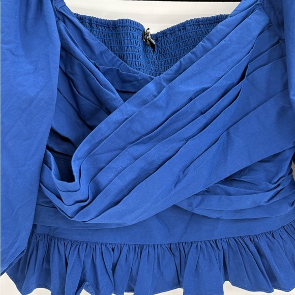Express Blue Puff Sleeve Peplum Blouse Smocked Ruffle Hem Draped Front Top large - Picture 2 of 13